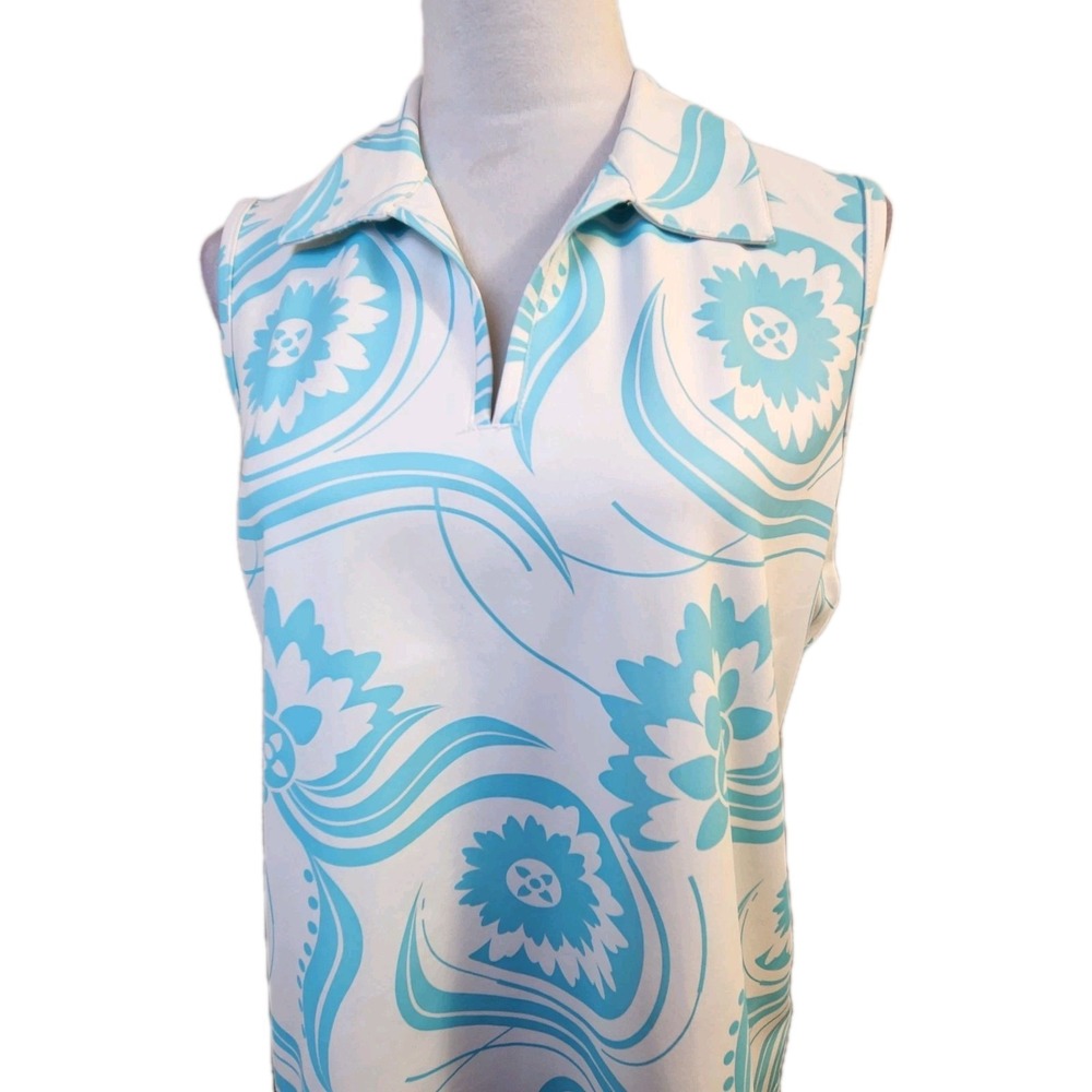 Izod Womens Sleeveless Polo Sz Large‎ White Blue Scroll Athletic Golf Tennis Top